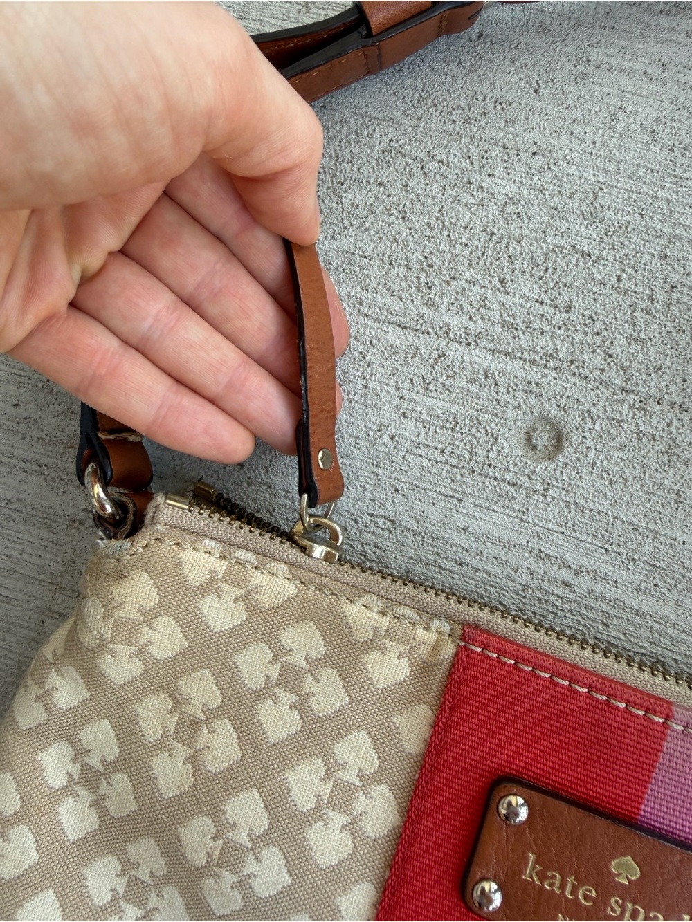 Kate Spade New York Crossbody Bag Canvas Spade Print Pink Red Stripe - Picture 7 of 13
